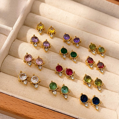304 Stainless Steel Cubic Zirconia Stud Earrings STAS-OY009-15G-1