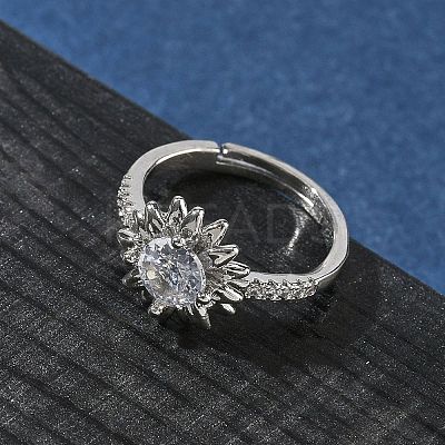 Flower Brass with Clear Cubic Zirconia Finger Rings for Women RJEW-Z111-01P-1