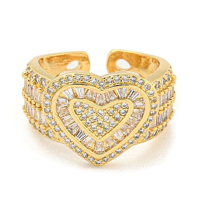 Heart Clear Cubic Zirconia Wide Open Cuff Ring RJEW-L121-041G-1