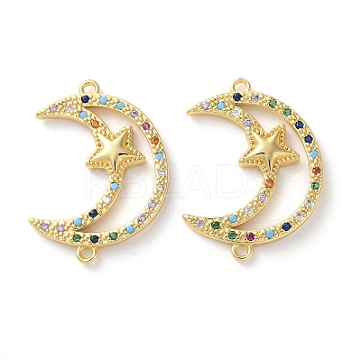 Rack Plating Brass Colorful Cubic Zirconia Moon Star Connector Charms KK-C084-21G-1