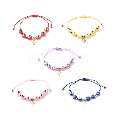 Brass Tiny Cross Charms Braided Beaded Bracelets for Women BJEW-JB08743-1