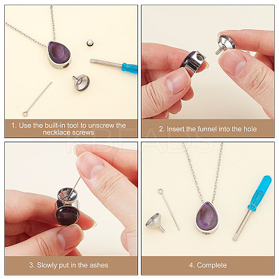 Natural Amethyst Teardrop Urn Ashes Pendant 304 Stainless Steel Cable Chain Necklaces NJEW-OC0001-09C-1