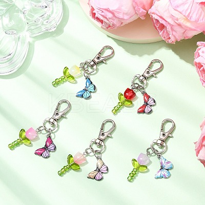 5Pcs Glass Tulip & Alloy Enamel Butterfly Pendant Decorations HJEW-JM04154-1