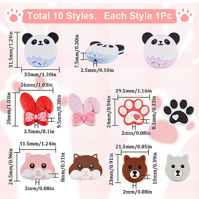 10Pcs 10 Style Food Grade Eco-Friendly Silicone Focal Beads SIL-SC0001-50-1