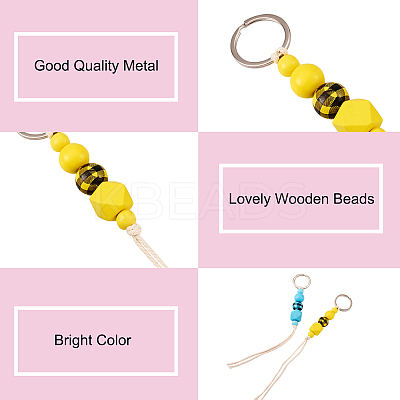6Pcs 6 Colors Schima Wood & Cotton Cord Keychain KEYC-KS0001-03-1