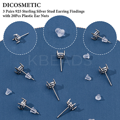 3 Pairs 925 Sterling Silver Stud Earring Findings DIY-DC0003-38-1
