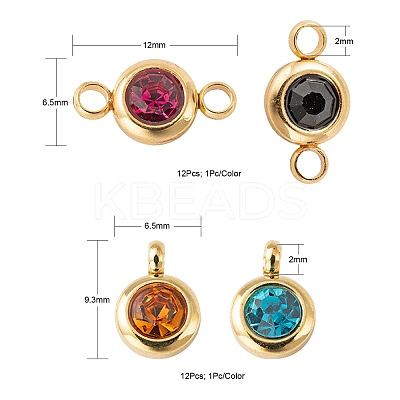 24Pcs 12 Colors 304 Stainless Steel Rhinestone Charms & Links connectors STAS-LS0001-28G-1