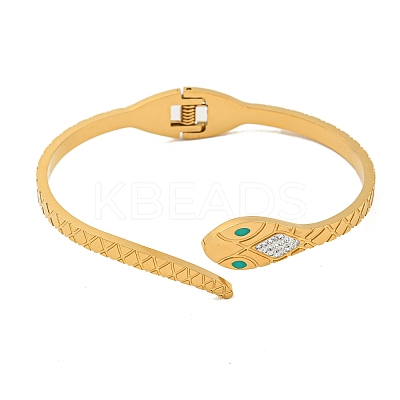 Snake 304 Stainless Steel Rhinestone Open Cuff Bangles for Women BJEW-P327-01A-G-1