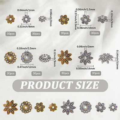 240Pcs 8 Styles Tibetan Style Alloy Flower Bead Caps TIBE-SP0001-26-1