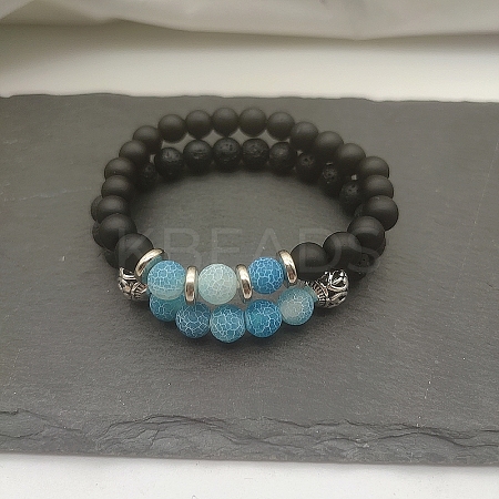 Natural Lava Rock & Frosted Stone Round Beads Stretch Bracelet Set Women DF9720-3-1