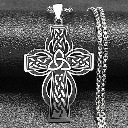 Viking 201 Stainless Steel Black Enamel Box Chain Trinity Knot Cross Pendant Necklaces for Men NJEW-S003-07P-1