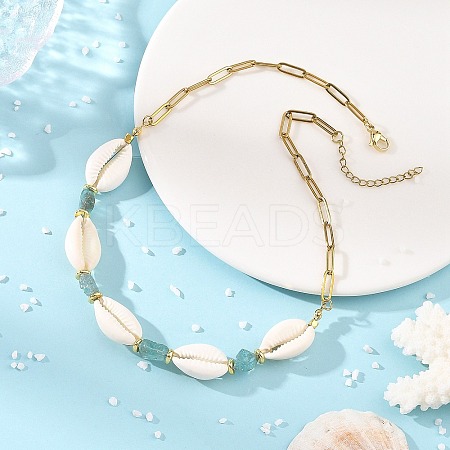 Natural Blue Apatite Chip & Cowrie Shell Beaded Necklaces for Women NJEW-JN06385-1