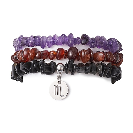 3Pcs 3 Styles Natural Amethyst & Garnet & Obsidian Chips Stretch Bracelets Sets BJEW-JB11076-10-1