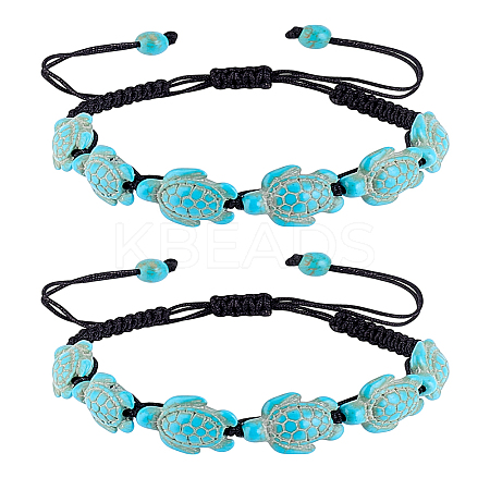 2Pcs Synthetic Turquoise Tortoise Braided Bead Bracelet BJEW-LP0001-03-1