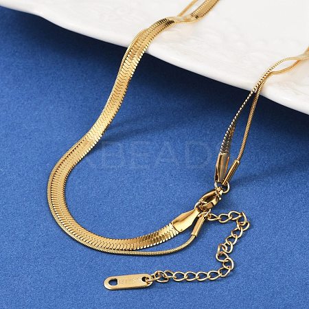 316 Stainless Steel Round Snake and Herringbone Chains Double Layer Necklace for Women Men NJEW-C025-01G-1
