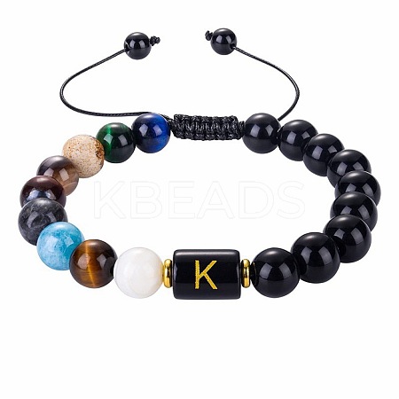 10MM Natural Black Obsidian Alphabet Beaded Braided Bracelets TO2319-11-1