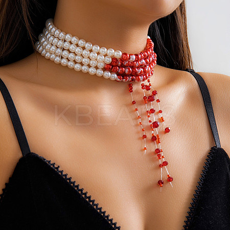 Retro Gothic Acrylic and Imitation Pearl Bloody Round Beaded Milti-strand Choker Necklaces for Women FS-WGACA63-03-1