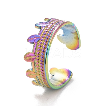 Ion Plating(IP) Rainbow Color 304 Stainless Steel Leaf Open Cuff Ring for Women RJEW-C025-03M-1