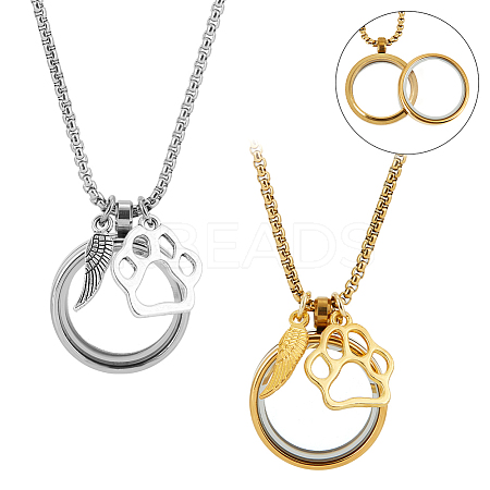 2Pcs 2 Colors Stainless Steel Paw Print Feather Flat Rond Pet Fur Locket Pendant Box Chain Necklaces NJEW-DR00016-1