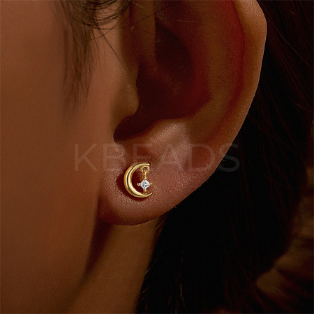 Moon with Star 925 Sterling Silver Micro Pave Clear Cubic Zirconia Cartilage Earrings FS-WGA2317-03-1