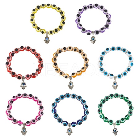 6Pcs 6 Colors Evil Eye Resin Beaded Stretch Bracelets Set with Hamsa Hand Charms BJEW-AN0001-66-1