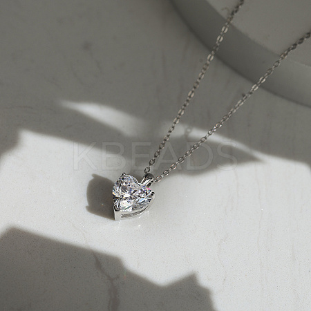 925 Sterling Silver Pave Clear Cubic Zirconia Heart Pendant Necklaces NJEW-G172-07P-1