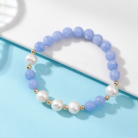 Natural Dyed Blue Lace Agate & Cultured Freshwater Pearl Round Beads Stretch Bracelets for Women BJEW-JB12706-1