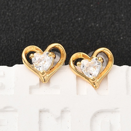 Brass Micro Pave Clear Cubic Zirconia Heart Stud Earrings EJEW-C158-07G-1