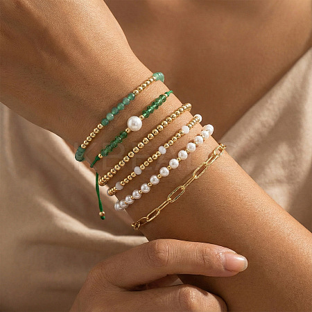 6Pcs 6 Styles Adjustable White Round Imitation Pearl & Glass & Brass Beaded Stretch Bracelet Sets HI6253-1-1