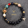 12 Zodiac Sign Natural Black Obsidian Round Beads & Synthetic Mixed Gemstone Beads Charm Bracelets for Men Women WG666A9-02-1