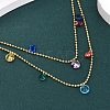 304 Stainless Steel Ball Chain Colorful Cubic Zirconia Flat Round Tassel Double Layer Necklaces for Women NJEW-A051-05G-1