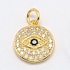 Flat Round with Evil Eye Brass Micro Pave Cubic Zirconia Charms ZIRC-F017-07G-1