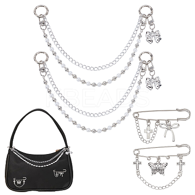 Cross Aluminium Chain & CCB Plastic & Imitated Pearl Acrylic Bead Boot Strap Chains HJEW-OC0001-47-1