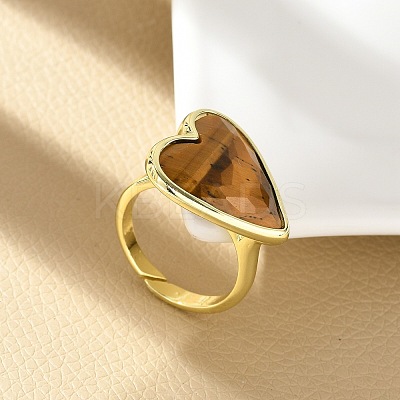 Heart Brass Natural Tiger Eye Finger Rings X-RJEW-D304-01G-D-1