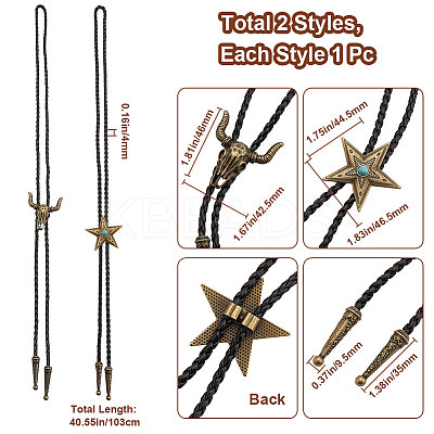 2Pcs 2 Styles Adjustable Vintage PU Leather Bolo Tie NJEW-GF0001-11-1
