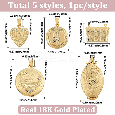 5Pcs 5 Styles Brass Locket Pendants KK-SC0007-17-1