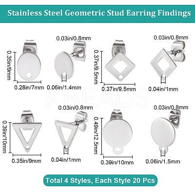 80Pcs 4 Styles 201 Stainless Steel Stud Earring Findings EJEW-BBC0001-26-1