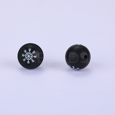 Christmas Printed Round with Snowflake Pattern Silicone Focal Beads LS-SI-JX0056A-124-1