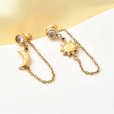 Moon & Sun 304 Stainless Steel Micro Pave Clear Cubic Zirconia Tassel Stud Earrings EJEW-B140-04G-1