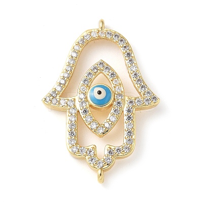 Brass Micro Pave Cleear Cubic Zirconia Evil Eye Hamsa Hand Connector Charms KK-C086-15A-G-1