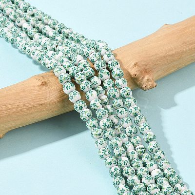 Handmade Flower Printed Porcelain Ceramic Beads Strands PORC-M005-6mm-07-1