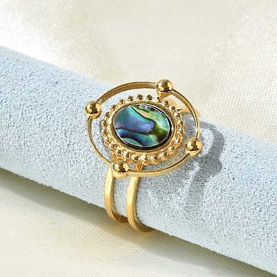 Oval 304 Stainless Steel Paua Shell Finger Rings for Women RJEW-G346-09G-01-1