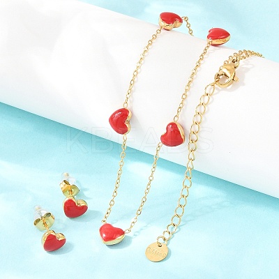 Heart 304 Stainless Steel Enamel Necklaces & Stud Earrings Sets for Women SJEW-K003-03G-1