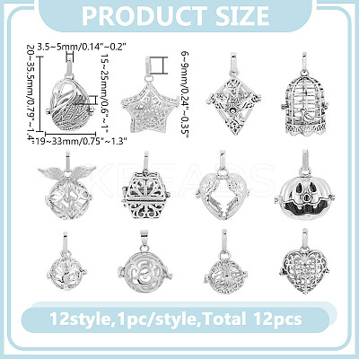 12Pcs 12 Styles Brass Hollow Bead Cage Pendants KK-AR0004-44-1