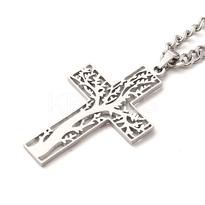 Non-Tarnish 304 Stainless Steel Cross with Tree of Life Pendant Necklaces LS-NJEW-M197-02P-1