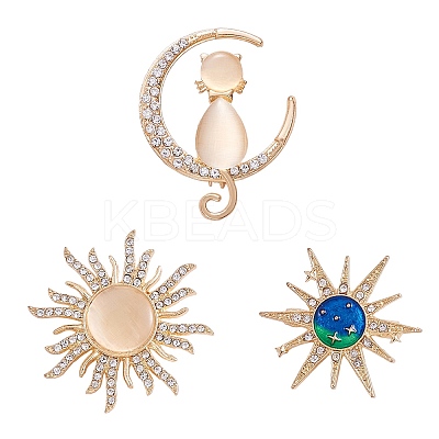 3Pcs 3 Style Rhinestone Sun & Moon with Cat Enamel Pins JBR077A-1
