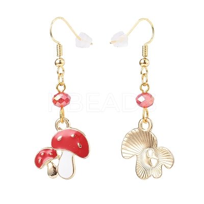 Red Alloy Enamel Mushroom with Glass Beaded Dangle Earrings EJEW-JE05049-1