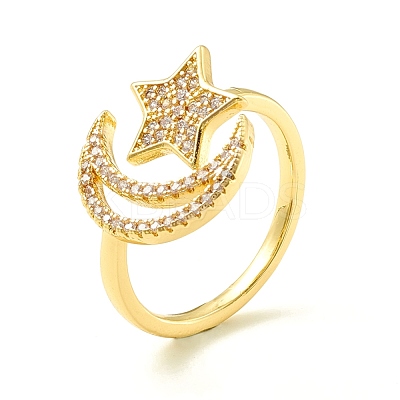 Clear Cubic Zirconia Moon and Star Open Cuff Ring for Women ZIRC-P096-15G-1