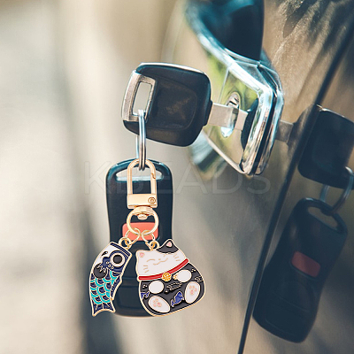 4Pcs 4 Styles Japanese Style Alloy Enamel Lucky Cat & Fish Pendant Keychain KEYC-GO0001-06-1