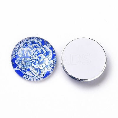 Blue and White Floral Printed Glass Cabochons GGLA-A002-20mm-XX-1